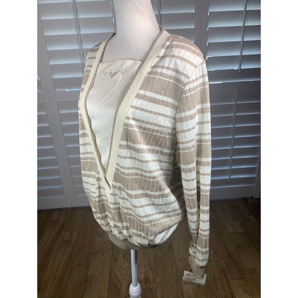 New Vtg Cricket Lane Top Blouse M Ivory/Tan Stripe Swiss Chalet Cottage 80s Sear - Picture 3 of 12